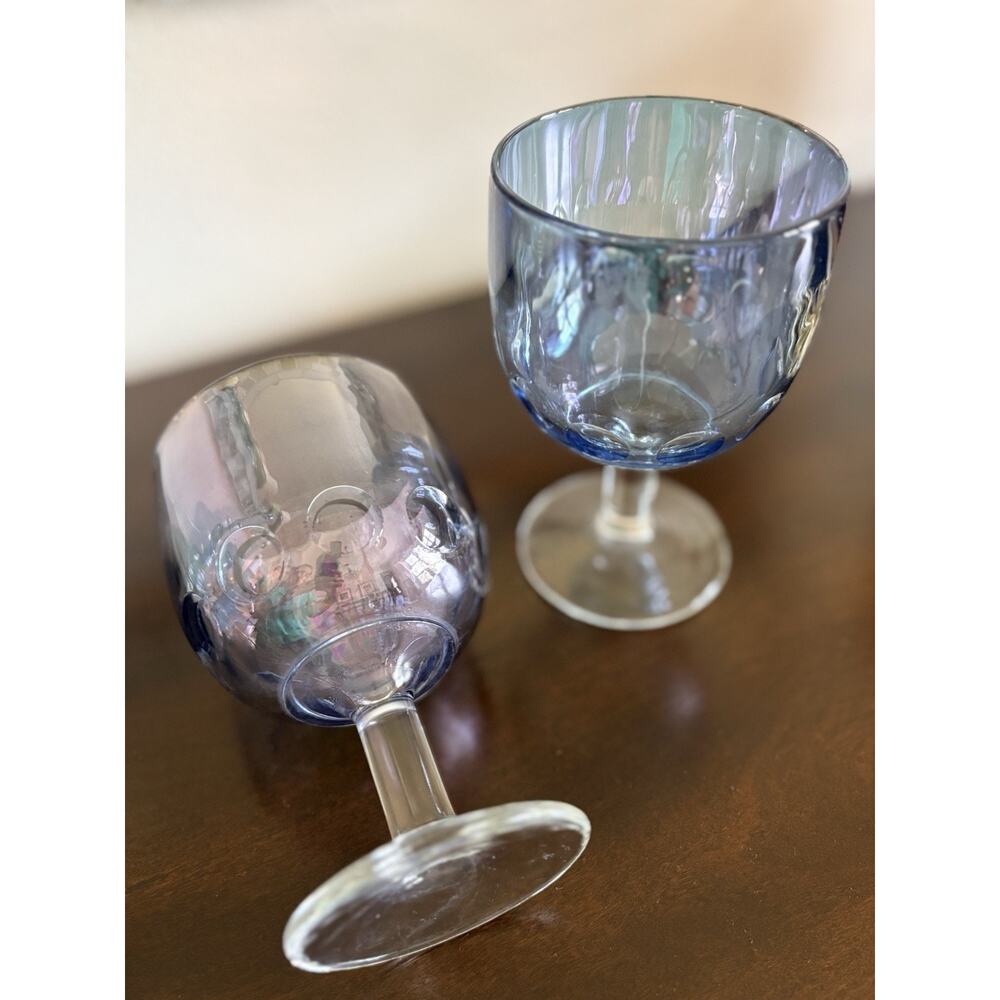 Set 2 Vintage Bartlett Collins Iridescent Light Blue Thumbprint Goblets Glasses - Picture 3 of 8